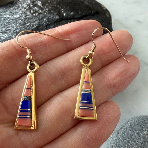 18K GOLD Zuni Native American Vintage Multi-stone Dangle Earrings - Picture 11 of 14